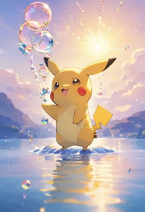 An inspiring scene in ultra-high definition 3D showing Pikachu making a wish on the shore of a tranquil lake. Pikachu, Beautifully rendered down to the smallest detail, Bubbles are seen gently blowing into the air, Each has a hopeful wish. Bubbles capture ...