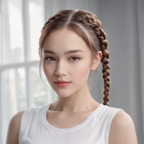 (Photo: 1.3) af (Reality: 1.4), (((White T-shirt))), (Lady with braids), super high resolution, (Reality: 1.4), 1 girl, female avatar, soft light , short hair, facial focus, cheerful, young, confident, ((gray background)), (((monochrome background))), high...