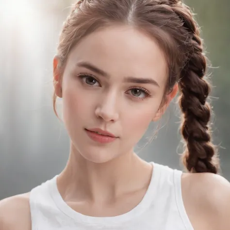 (Photo: 1.3) af (Reality: 1.4), (((White T-shirt))), (Lady with braids), super high resolution, (Reality: 1.4), 1 girl, female avatar, soft light , short hair, facial focus, cheerful, young, confident, ((gray background)), (((monochrome background))), high...