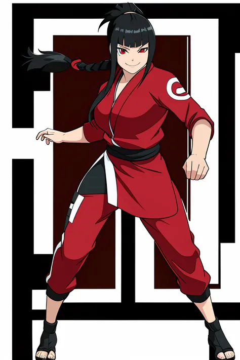 Black Hair, Braided ponytail, messy hair, bangs, hair over left eye, red eye, one eye, winking, smiling, black and red outfit, ninja outfit, full body, medium breasts