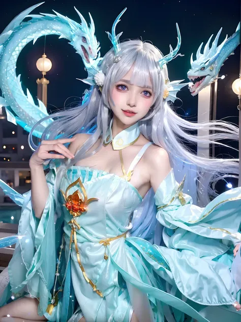 An image in anime style, a woman in a blue dress and a dragon headgear, a dragon, a white-haired god, a full body fairy, dragon girl portrait,