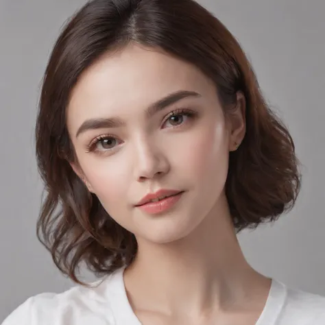 (photo: 1.3) af (realism: 1.4), (((white T-shirt))), (classic hairstyle), super high resolution, (realism: 1.4), 1 girl, female avatar, soft light, Short hair, facial focus, cheerful, young, confident, ((gray background)), (((monochrome background))), high...