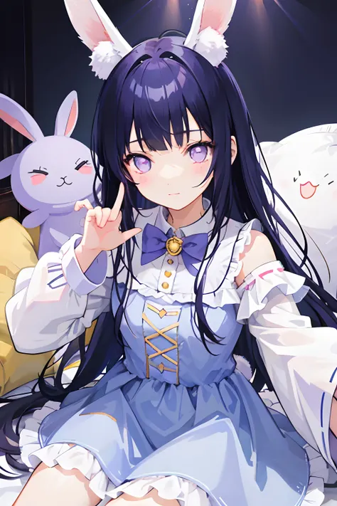 beautiful illustration, best quality, cute girl, bedroom, pastel color, fluffy bunny ears, petite, long dark blue hair, rabbit stuffed toy, bright lighting, purple eyes, Blunt Bangs