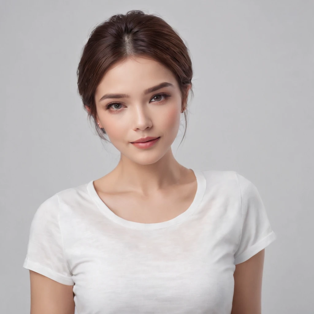 (photo: 1.3) af (realism: 1.4), (((white T-shirt))), (classic hairstyle), super high resolution, (realism: 1.4), 1 girl, female avatar, soft light, Short hair, facial focus, cheerful, young, confident, ((gray background)), (((monochrome background))), high...