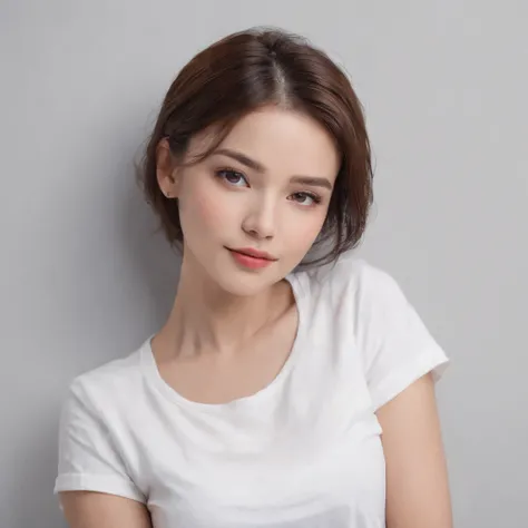 (photo: 1.3) af (realism: 1.4), (((white T-shirt))), (classic hairstyle), super high resolution, (realism: 1.4), 1 girl, female avatar, soft light, Short hair, facial focus, cheerful, young, confident, ((gray background)), (((monochrome background))), high...