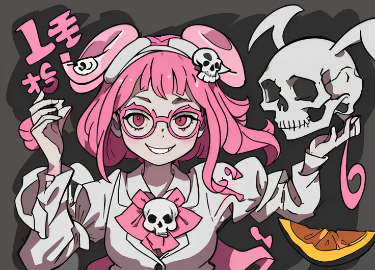 Girl dressed as white rabbit with black glasses and pink eye, ao lado um esqueleto sombrio caveira skull sorrindo com roupa laranja de prisioneiro, rosto de caveira detalhado