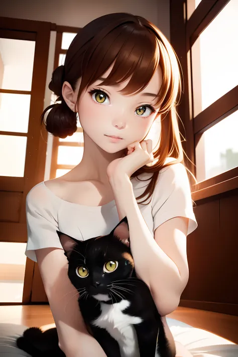 top-quality、Girl holding a black cat、Cute 14 year old girl、Bun hair with brown hair tied、Black cat、Natural look、longshot、Natural light