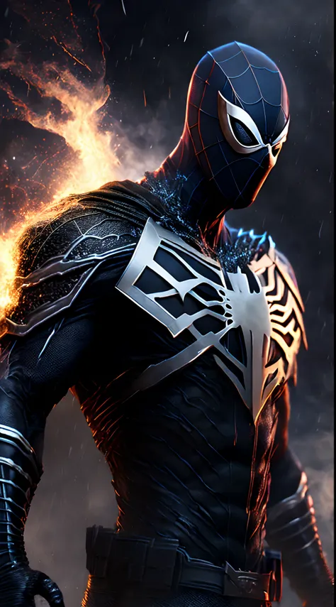 Close-up (Ghost Rider Spider-Man from Marvel in Viking style: 1.3) emerging from wet black mud, extremely detailed, smoke, sparks, metal shavings, flying debris, volumetric light