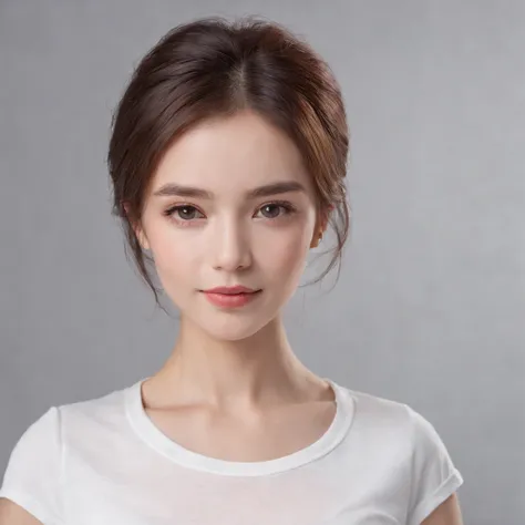 (photo: 1.3) af (realism: 1.4), (((white T-shirt))), (business hairstyle), super high resolution, (realism: 1.4), 1 girl, female avatar, soft light, Short hair, facial focus, cheerful, young, confident, ((gray background)), (((monochrome background))), hig...