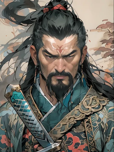 (((China-style，Ink painting method，Half-length portrait，Intense color，Han dynasty, China，Hanfu，Armor，Guan yu，Guan Yunchang，of a guy，Ruddy killing square face，Hold the Blue Dragon Moon Knife in his right hand，Stroke your beard with your left hand，Long hair，...