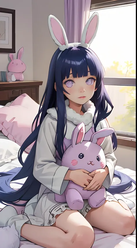 beautiful illustration, best quality, cute girl, bedroom, pastel color, fluffy bunny ears, petite, long dark blue hair, rabbit stuffed toy, bright lighting, light purple eyes, Blunt Bangs