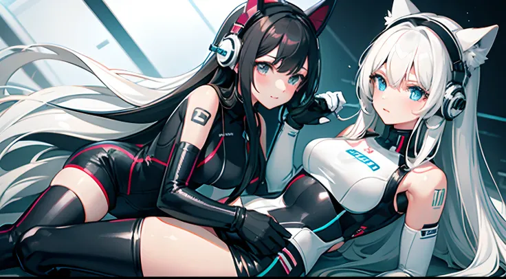 twogirls，Long-haired girl in black sci-fi tights is pressed under her by white-haired long-haired girl in white racing suit，The headphones fell to the side,Embarrassed