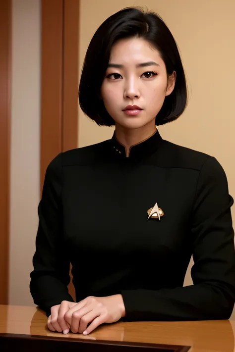 (masterpiece), best quality, expressive eyes, perfect face, Ensign Kims older sister is a beautiful Asian girl, perfect eyes, perfect hands, yellow and black Star Trek Voyager uniform, tight uniform, photo-realistic, Harry Kims Sister, ensign Harry Kims se...