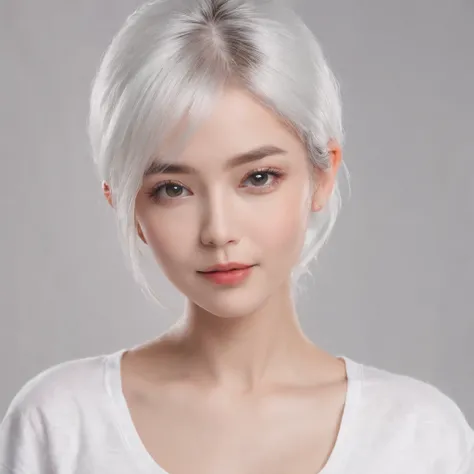 (photo: 1.3) af (realism: 1.4), (((white T-shirt))), (white hair, twin tails), super high resolution, (realism: 1.4), 1 girl, female avatar, Soft light, short hair, facial focus, cheerful, young, confident, ((gray background)), (((monochrome background))),...