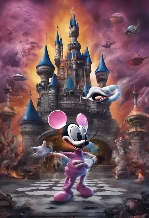 Mickey Mouse,  uniform, Donald Duck stabs Mickey mouse, donald wears islamic clothing, zombie flamingos in the background, disney castle burning and destroyed, Adolf Hitler, doing ballet, high detail, photorealism, hyperreal, very detailed background