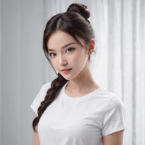 (photo: 1.3) af (realism: 1.4), (((white T-shirt))), (black hair, twin tails), super high resolution, (realism: 1.4), 1 girl, female avatar, Soft light, short hair, facial focus, cheerful, young, confident, ((gray background)), (((monochrome background))),...