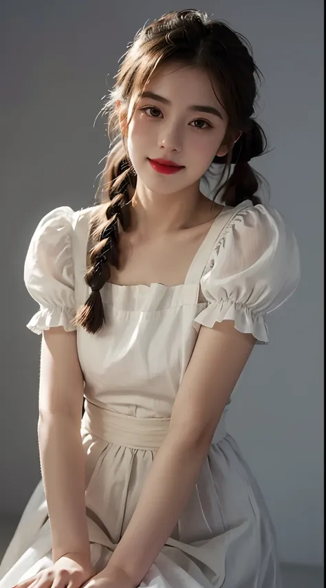 Top quality, Masterpiece, hyper HD, (Photorealistic: 1.4), RAW photo, 1 girl, ssmile，Redlip，English maid, Crumpled maid Katyusha, pony tails, Braided hair, Ruffle blouse, Ribbon Ties, aprons, Long skirt, Puff sleeves, White silk socks, Glowing skin, Victor...