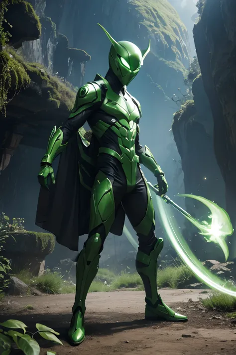 an green alien, full body view, outdoor, fantasy, action pose