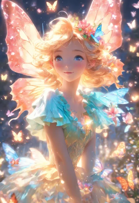 one-girl，(full bodyesbian:1.5)，Elves in flowers，A pair of transparent butterfly wings，Colorful wings，（A skirt composed of petals：1.5），The petals float into the sky，（Petals of various flowers），best qualtiy，tmasterpiece，Photorealsitic，Photorealistic image qu...