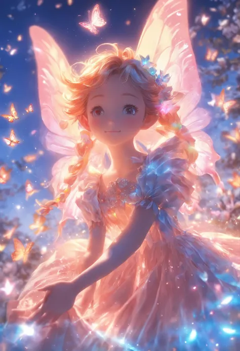 one-girl，(full bodyesbian:1.5)，Elves in flowers，A pair of transparent butterfly wings，Colorful wings，（A skirt composed of petals：1.5），The petals float into the sky，（Petals of various flowers），best qualtiy，tmasterpiece，Photorealsitic，Photorealistic image qu...