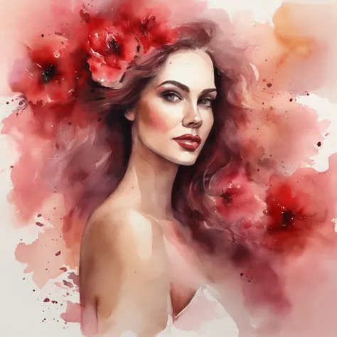 Mulher usando vestido longo vermelho, usando batom vermelho, uma rosa vermelha no cabelo, Cosa petals falling, cabelo comprido, grande profundidade de campo, Arte Digital, obra prima, Qualidade UHD". RPG