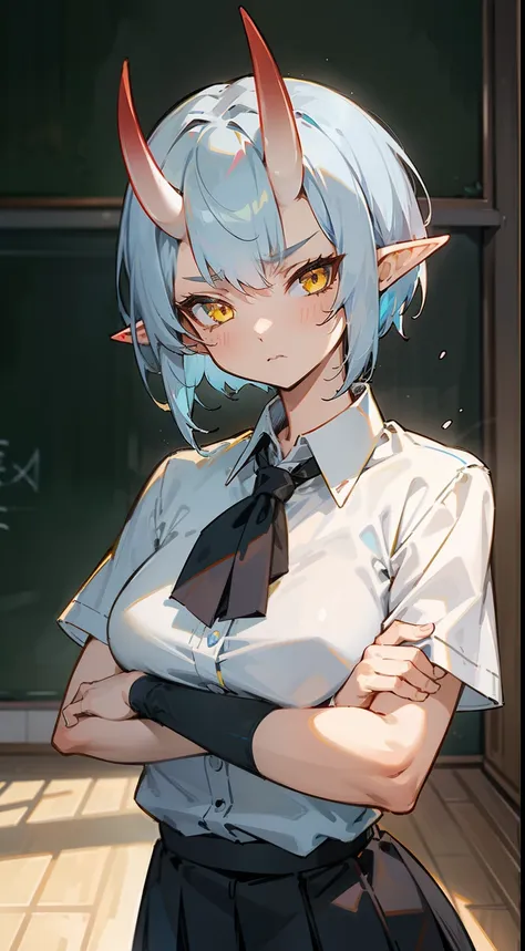 1oni girl,solo,serious face,white shirt,black skirt,light blue hair, short hair,,yellow eyes,elves ears,mature female,oni horns,...