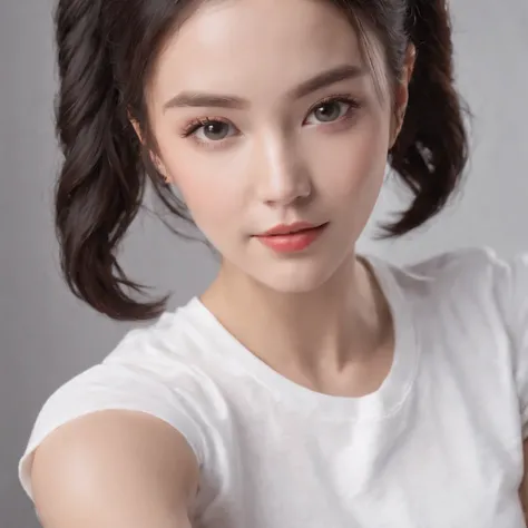 (photo: 1.3) af (realism: 1.4), (((white T-shirt))), (black hair, twin tails), super high resolution, (realism: 1.4), 1 girl, female avatar, Soft light, short hair, facial focus, cheerful, young, confident, ((gray background)), (((monochrome background))),...