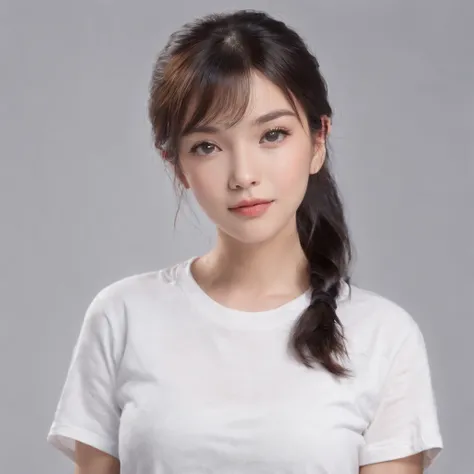 (photo: 1.3) af (realism: 1.4), (((white T-shirt))), (black hair, twin tails), super high resolution, (realism: 1.4), 1 girl, female avatar, Soft light, short hair, facial focus, cheerful, young, confident, ((gray background)), (((monochrome background))),...