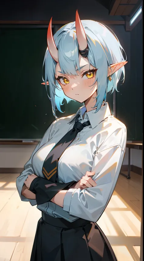 1oni girl,solo,serious face,white shirt,black skirt,light blue hair, short hair,,yellow eyes,elves ears,mature female,oni horns,masterpiece,hd,best quality,4k,classroom,crossed arms