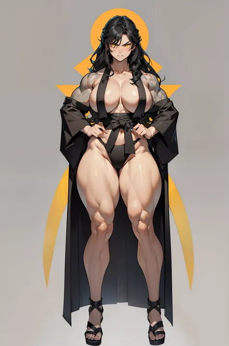 ((grey background)), solo, ((((1 girl)))), very long hair, black hair, angry, yellow eyes, (((((muscular))))), ((huge tits)), ((thick thighs)), ((wide hips)), (full body), pale skin, (kimono), standing, wavy hair