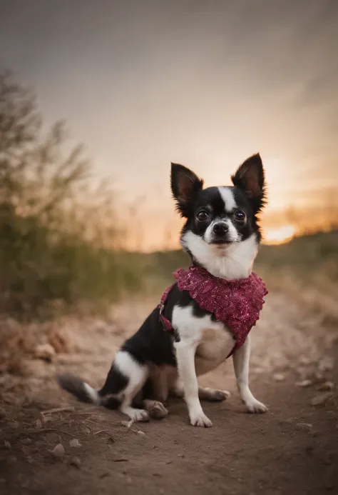 crie um chihuahua com vestido cor de rosa falando no celular