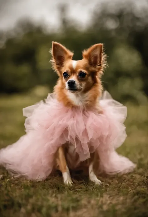 crie um chihuahua com vestido cor de rosa falando no celular