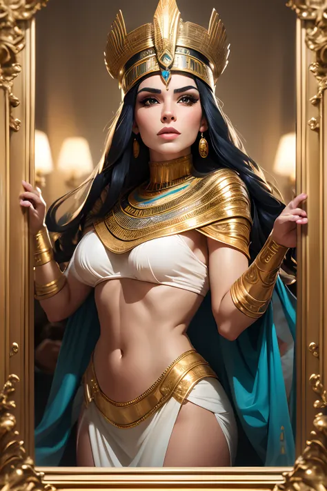 uma foto muito realista e muito detalhada，a beautiful egyptian pharaoh in the city of the future pharaoh , corpo inteiro, costum...