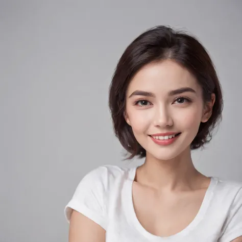 (photo: 1.3) af (realism: 1.3), (((white t-shirt))), super high resolution, (realism: 1.4), 1 girl, female avatar, soft light, black hair, smile, Facial focus, (( (white T-shirt))), cheerful, smiling, (short hair lady),, young, confident,, ((solid color ba...