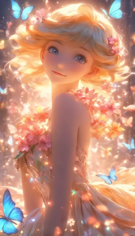 one-girl，(full bodyesbian:1.5)，Elves in flowers，A pair of transparent butterfly wings，Colorful wings，（A skirt composed of petals：1.5），The petals float into the sky，（Petals of various flowers），best qualtiy，tmasterpiece，Photorealsitic，Photorealistic image qu...