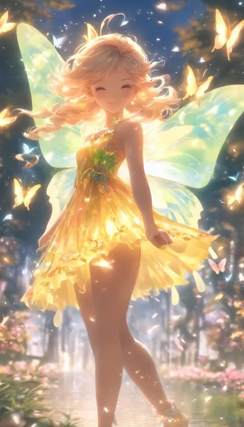 one-girl，(full bodyesbian:1.5)，Elves in flowers，A pair of transparent butterfly wings，Colorful wings，（A skirt composed of petals：1.5），The petals float into the sky，（Petals of various flowers），best qualtiy，tmasterpiece，フォトリアリスティック，Photorealistic image quali...