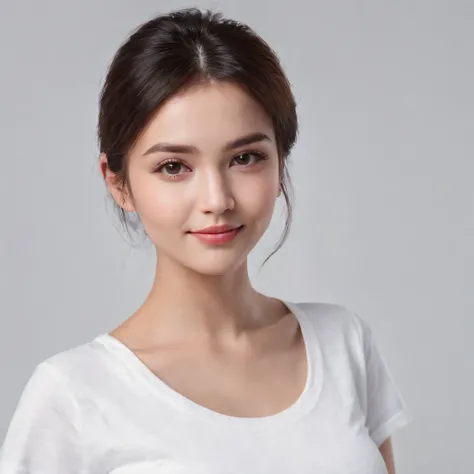 (photo: 1.3) af (realism: 1.3), (((white t-shirt))), super high resolution, (realism: 1.4), 1 girl, female avatar, soft light, black hair, smile, Facial focus, (( (white T-shirt))), cheerful, smiling, (short hair lady),, young, confident,, ((solid color ba...