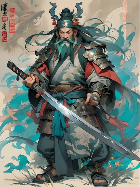 (((China-style，Ink painting method，Half-length portrait，Intense color，Han dynasty, China，Hanfu，Armor，Guan yu，Guan Yunchang，of a guy，Ruddy killing square face，Hold the Blue Dragon Moon Knife in his right hand，Stroke your beard with your left hand，Long hair，...