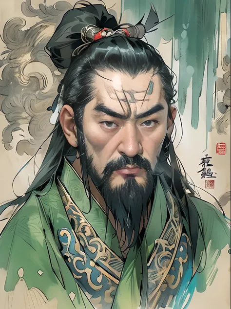 (((China-style，Ink painting method，Half-length portrait，Intense color，Han dynasty, China，Hanfu，Armor，Guan yu，Guan Yunchang，of a guy，Ruddy killing square face，Hold the Blue Dragon Moon Knife in his right hand，Stroke your beard with your left hand，Long hair，...