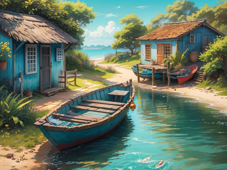 Seaside cottage, Blue sky, Brasil, small boats, the detail, 8k HD, best quality，ultra - detailed, Illustration，Best shadow，masterpiece，A high resolution，professional artwork，famous artwork