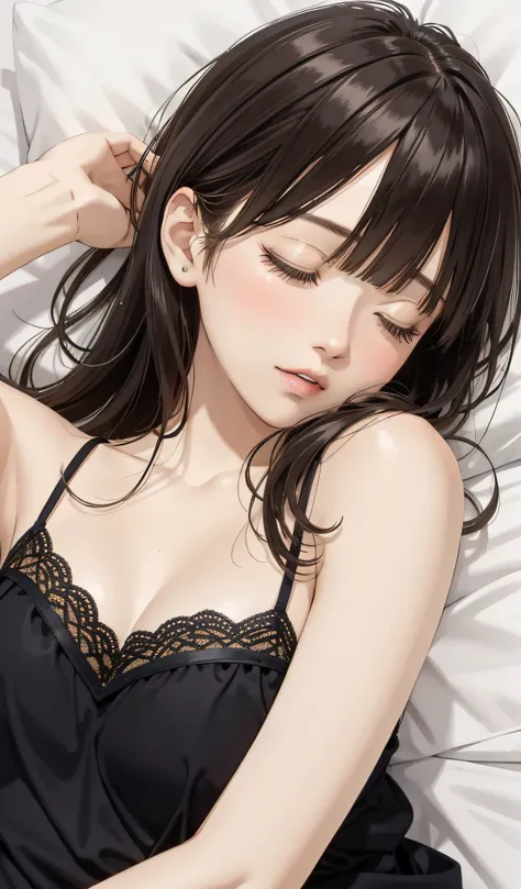 sleeping girl, 28 years old, realistic,she is wearing camisole, brown hair.