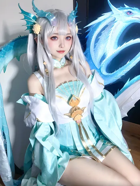 An image in anime style, a woman in a blue dress and a dragon headgear, a dragon, a white-haired god, a full body fairy, dragon girl portrait,