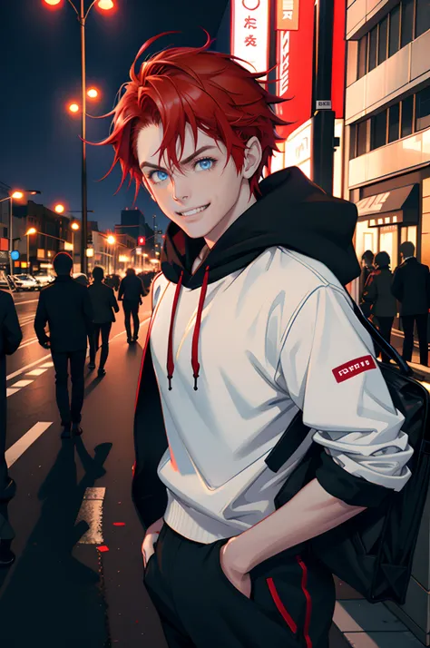 (tmasterpiece, high resolution, ultra - detailed:1.0), (1 boy, Young male, Handsome face), Perfect male body, Delicate eyes and delicate face, Extremely detailed CG, Unity 8k wallpaper, Complicated details, Detailed face, (Red hair, short messy hair, blue ...