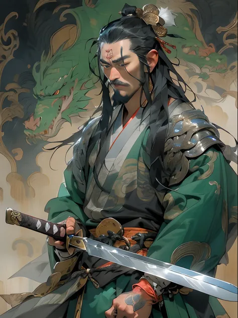 (((China-style，Ink painting method，Half-length portrait，Intense color，Han dynasty, China，Hanfu，Armor，Guan yu，Guan Yunchang，of a guy，Ruddy killing square face，Hold the Blue Dragon Moon Knife in his right hand，Stroke your beard with your left hand，Long hair，...