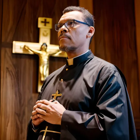 guttonerdvision10, "A priest in black attire with a white collar, hands in prayer, wearing a gold crucifix outside his cassock, against a bokeh background."