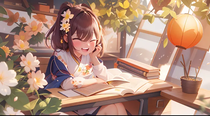 photoRealstic、Sit at your desk and enjoy studying with friends、Opens mouth and laughs、up of face、flower petals、season!!: 夏天☀ 🍂