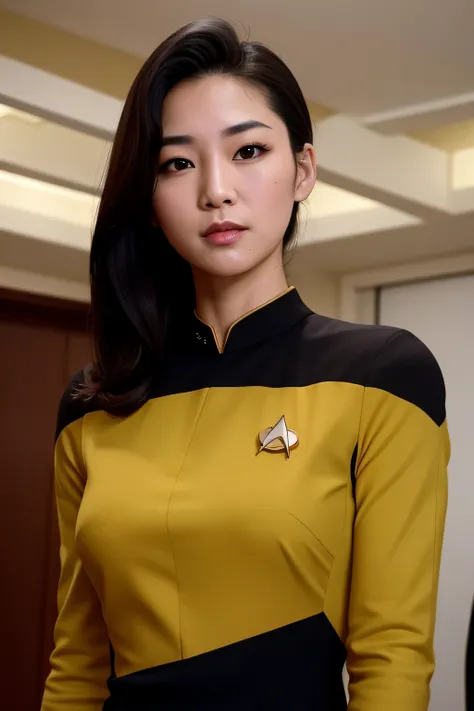 (masterpiece), best quality, expressive eyes, perfect face, Ensign Kims older sister is a beautiful Asian girl, perfect eyes, perfect hands, yellow & black Star Trek Voyager uniform, tight uniform, photo-realistic, Harry Kims Sister, ensign Harry Kims Sist...