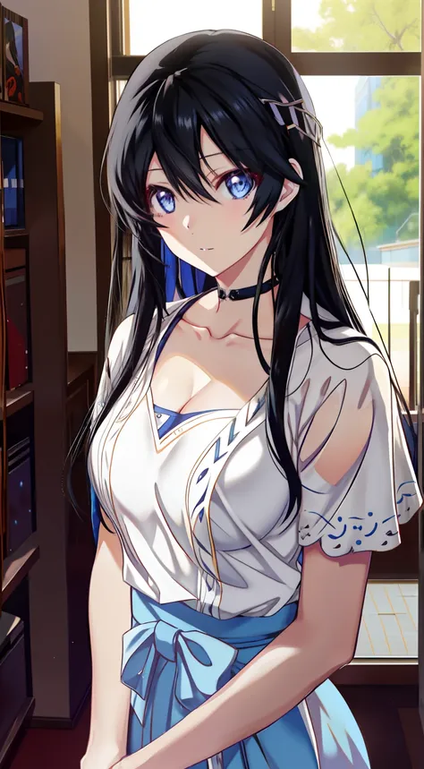 anime girl with long black hair and blue eyes posing in front of window, smooth anime cg art, attractive anime girls, seductive ...