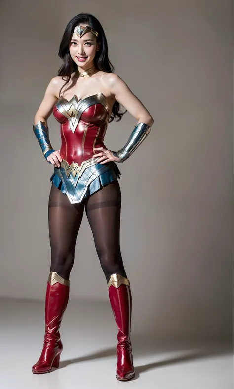 (((Make the most of the original image)))、(((Wonder Woman Costume)))、(((lustrous dark hair)))、(((Suffering)))、(((Feet must necessarily be worn with tights)))、(((Smile)))、(((You need to wear red boots)))、((Top image quality、8K))、((top-quality、8K、​masterpiec...