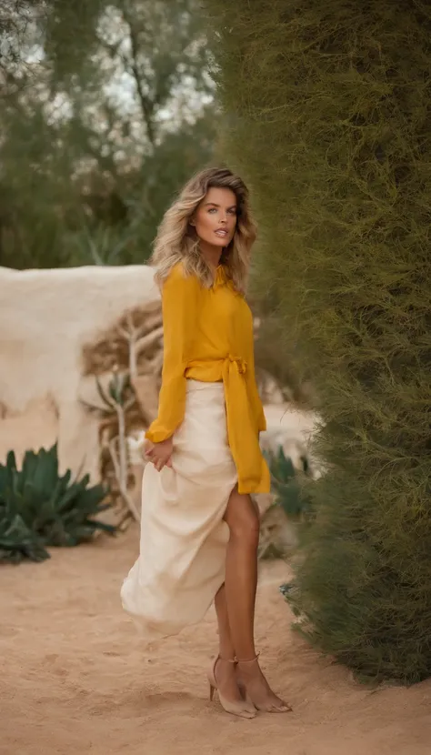 Candid shot, paparazzi style, french supermodel, desert oasis background, 18yo, tight desert clothes, tall woman, beauty. joyful celebration of nature, zen influenced colorful gardens. Shot on a Hasselblad medium format camera. Yellow - Core, Desert - Core...